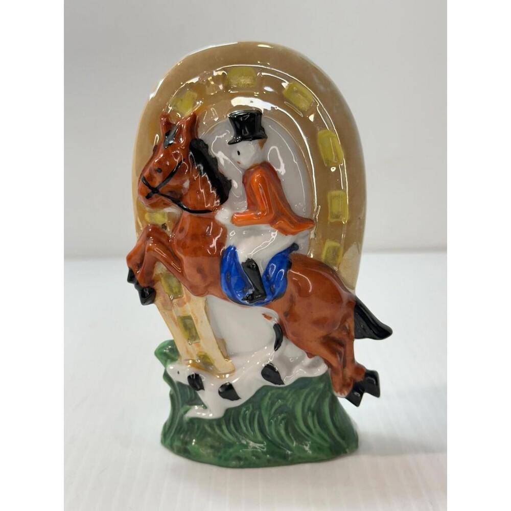 Vintage 5 1/2" VASE Good Luck Horse Shoe Man Riding Horse With Dog Made In Japan